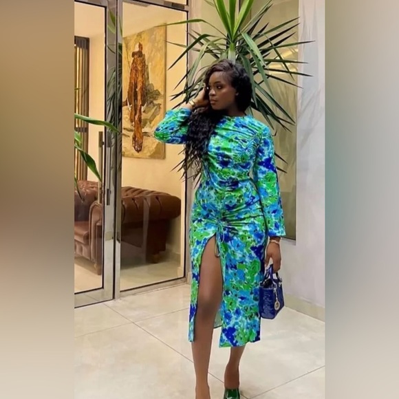 Zara dress midi Floral ruched long sleeve green blue boho summer vacation - Picture 3 of 7